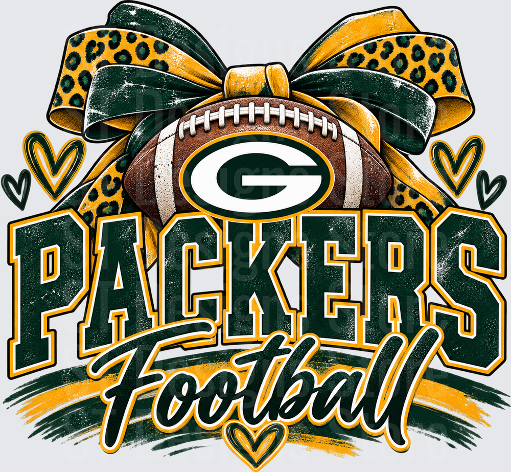 Green Bay Packers Football Leopard Print Bow Hearts Green Gold Distressed DTF Transfer
