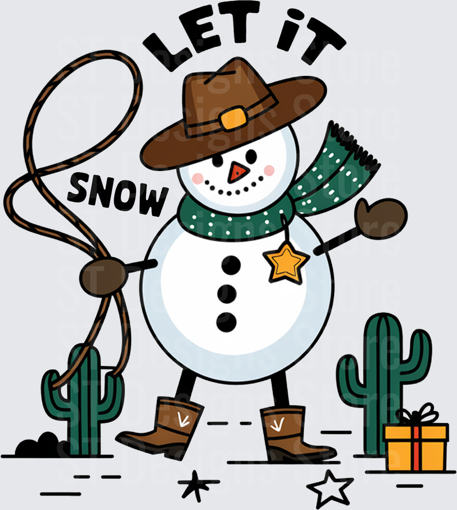 Western Cowboy Snowman with Lasso Sheriff Star Boots and Cactus Let It Snow Christmas DTF Transfer