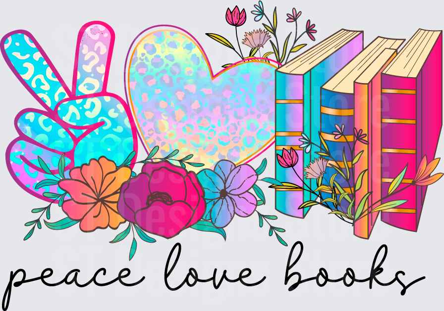 Peace Love Books Floral Leopard Print Peace Sign Heart and Stacked Books DTF Transfer