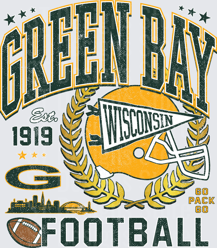 Green Bay Wisconsin Football Est 1919 Vintage Retro Helmet Laurel Wreath Go Pack Go Distressed Graphic DTF Transfer