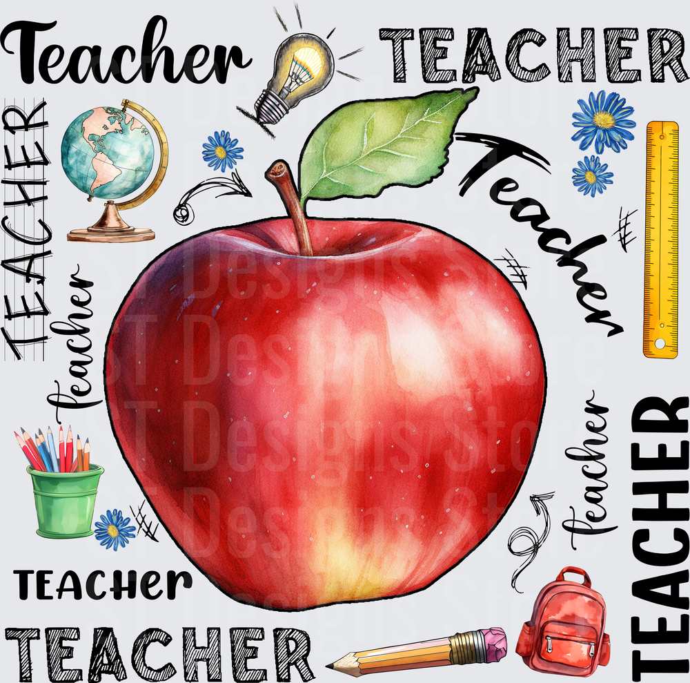 Teacher Word Collage Red Apple Globe Pencils Ruler Backpack Light Bulb Blue Flowers Watercolor School Design DTF Transfer
