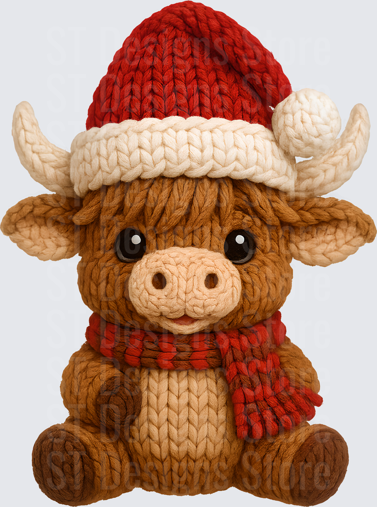 Cute Knitted Highland Cow Wearing Santa Hat and Red Scarf Christmas Crochet Style Baby Calf DTF Transfer