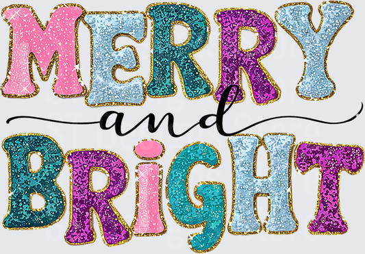 Merry and Bright Colorful Glitter Gold Border Varsity Letter Holiday Christmas DTF Transfer