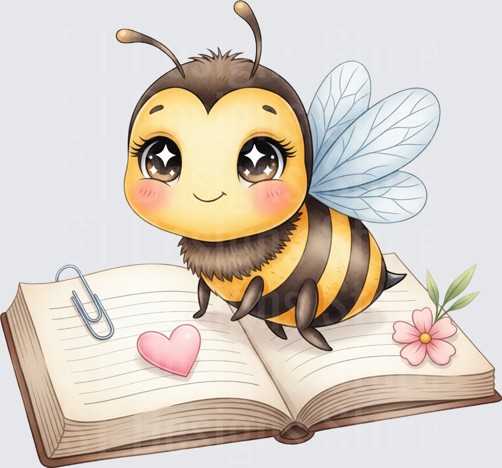 Cute Kawaii Bumble Bee Sitting on Open Journal Book with Pink Heart and Flower DTF Transfer