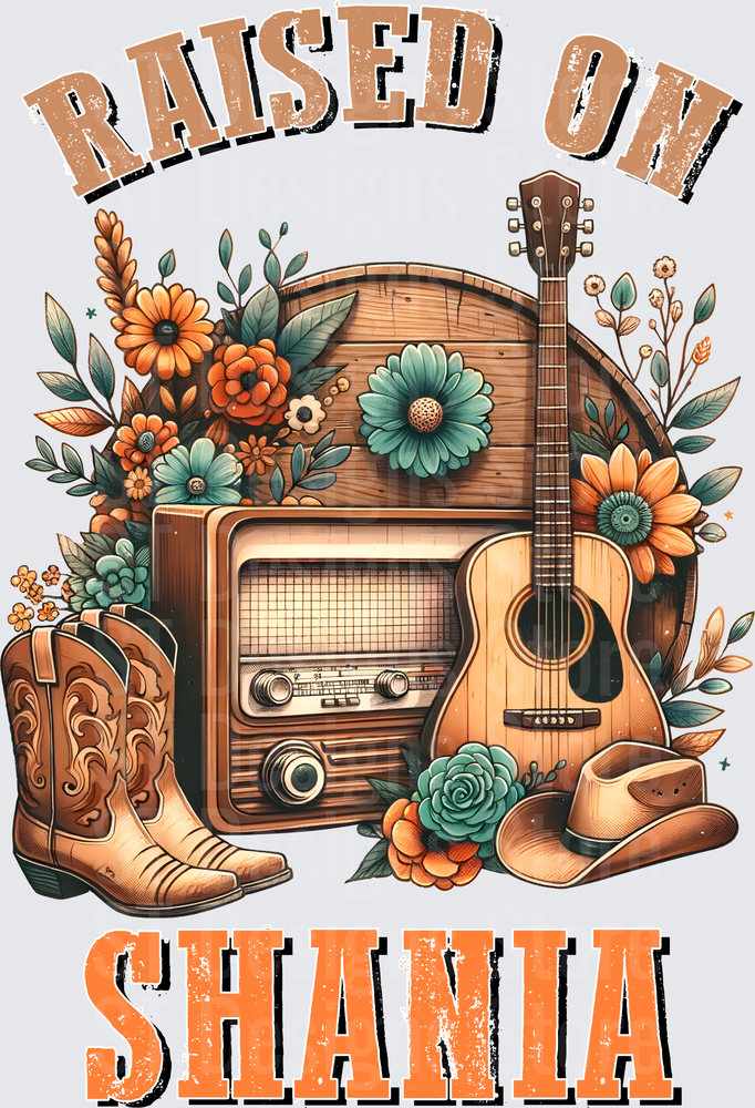 Raised On Country Music Vintage Floral Western Boot Guitar Radio Cowboy Hat DTF Transfer