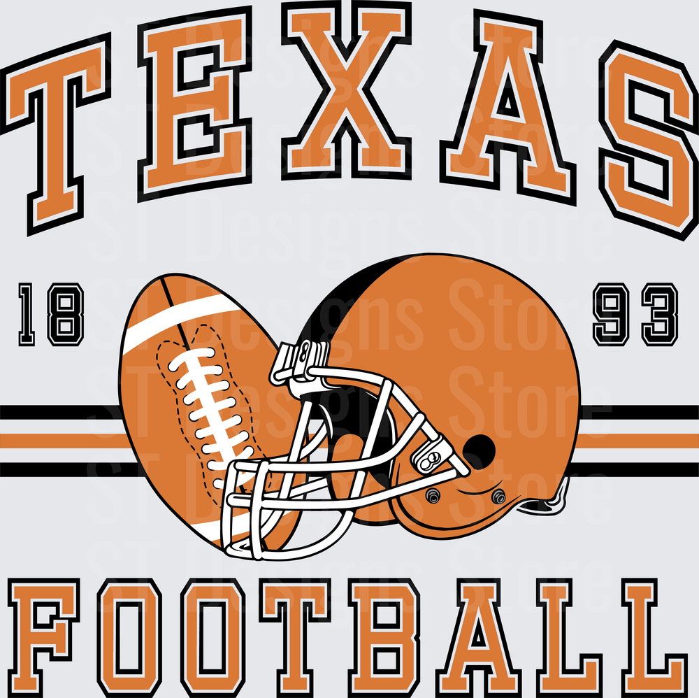 Texas Football 1893 Vintage Arched Collegiate Helmet and Ball Graphic Orange Black DTF Transfer