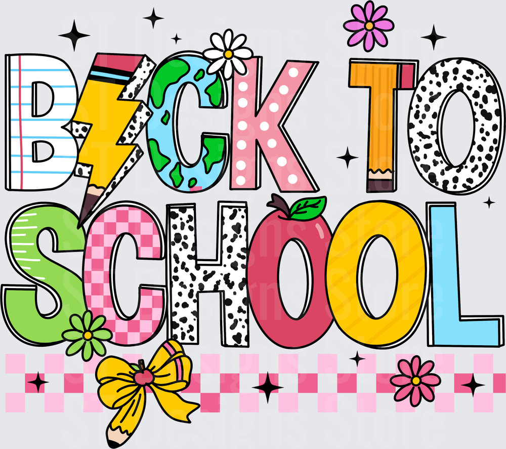 Back To School Colorful Patterned Letters with Pencil Lightning Bolt Apple Flowers and Bow DTF Transfer