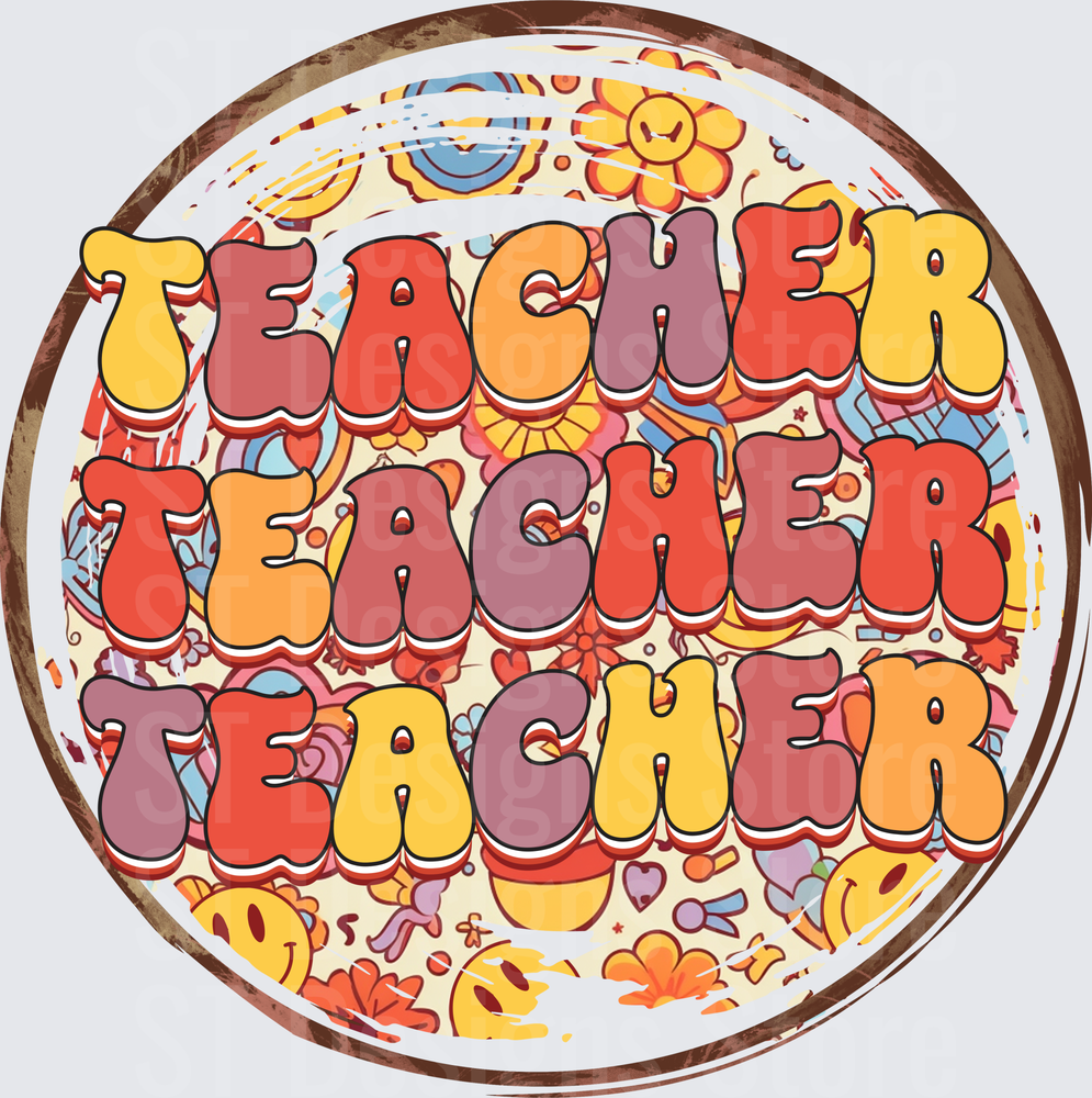 Retro Groovy Teacher Triple Stacked Bubble Letter Circle Badge with Floral Smiley Face Background DTF Transfer