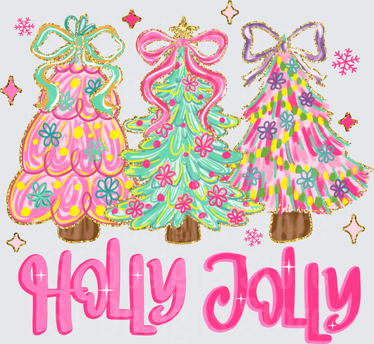 Holly Jolly Pastel Christmas Trees with Bows Floral Glitter Holiday DTF Transfer