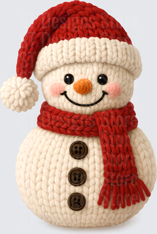 Cozy Knit Snowman with Red Santa Hat and Scarf Three Button Chunky Yarn Winter Christmas DTF Transfer