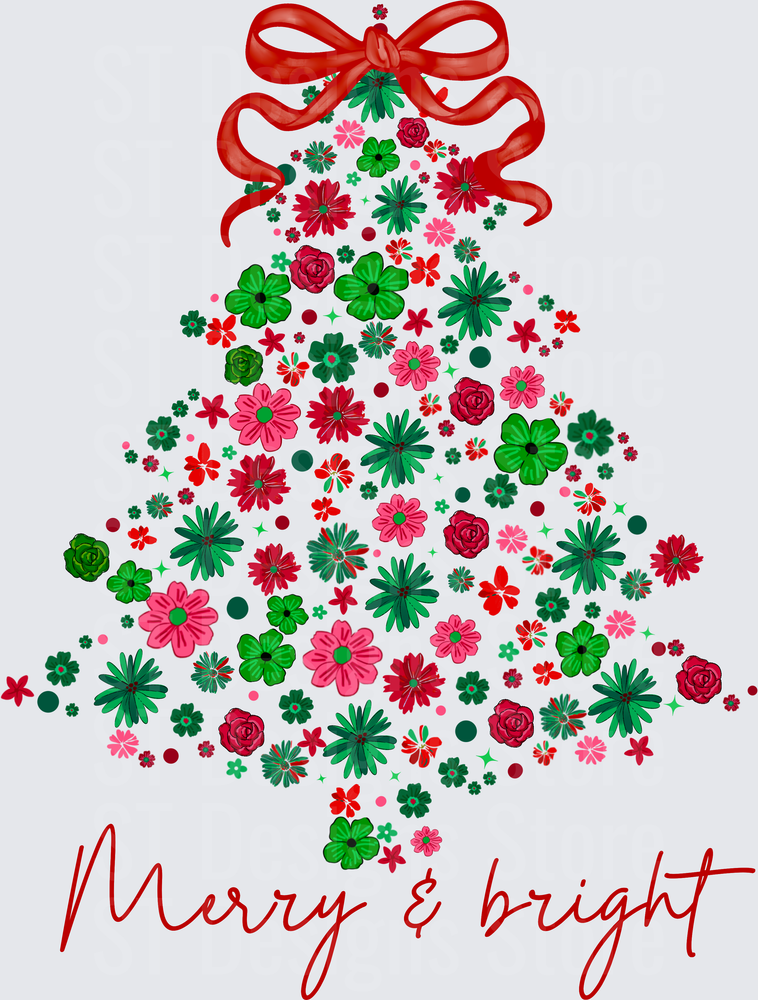 Merry and Bright Floral Christmas Tree with Red Bow Script Holiday DTF Transfer