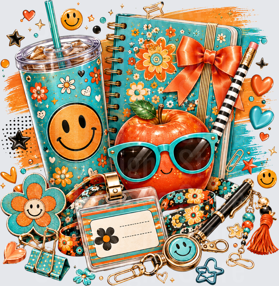 Retro Boho Teacher Apple with Sunglasses Smiley Face Iced Coffee Cup Floral Notebook ID Badge Lanyard Back to School DTF Transfer