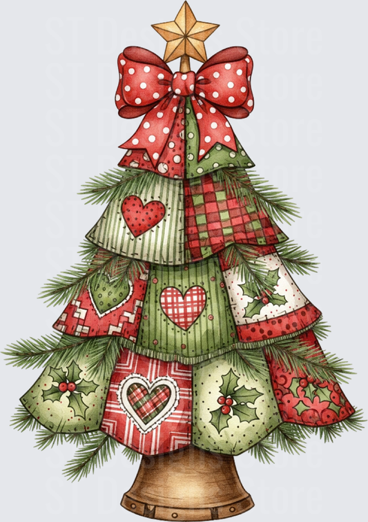 Farmhouse Patchwork Quilt Christmas Tree with Polka Dot Bow Hearts and Holly Berry Watercolor Design DTF Transfer