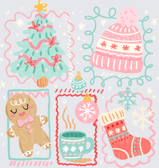 Pastel Christmas Holiday Icons Collage Gingerbread Man Tree Stocking Beanie Hot Cocoa Ornaments DTF Transfer