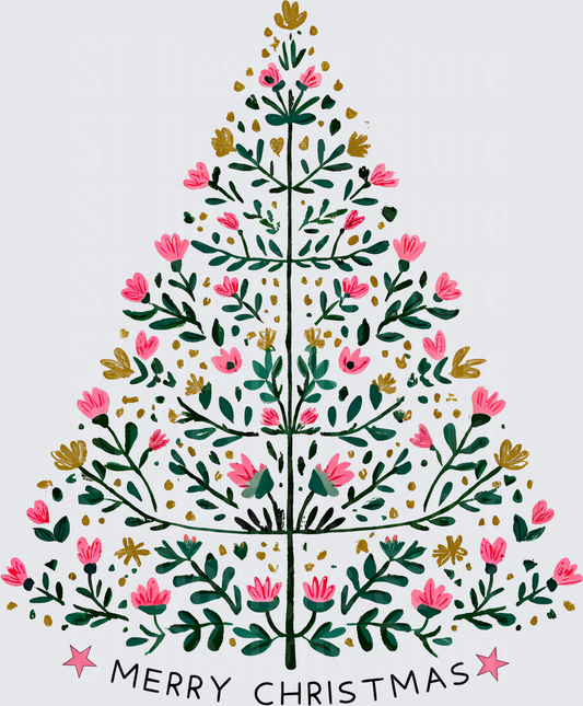 Merry Christmas Floral Botanical Tree with Pink Flowers and Gold Accents Holiday DTF Transfer