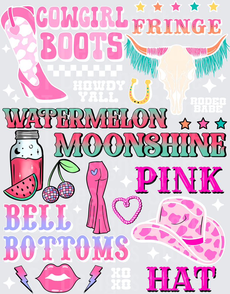 Retro Western Cowgirl Bundle Pink Bell Bottoms Cowboy Hat Bull Skull Watermelon Moonshine Boho Country Girl Groovy Elements DTF Transfer