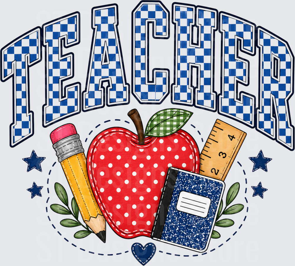 Blue and White Checkered Teacher Arched Lettering with Polka Dot Apple Pencil Composition Notebook Ruler and Stars DTF Transfer