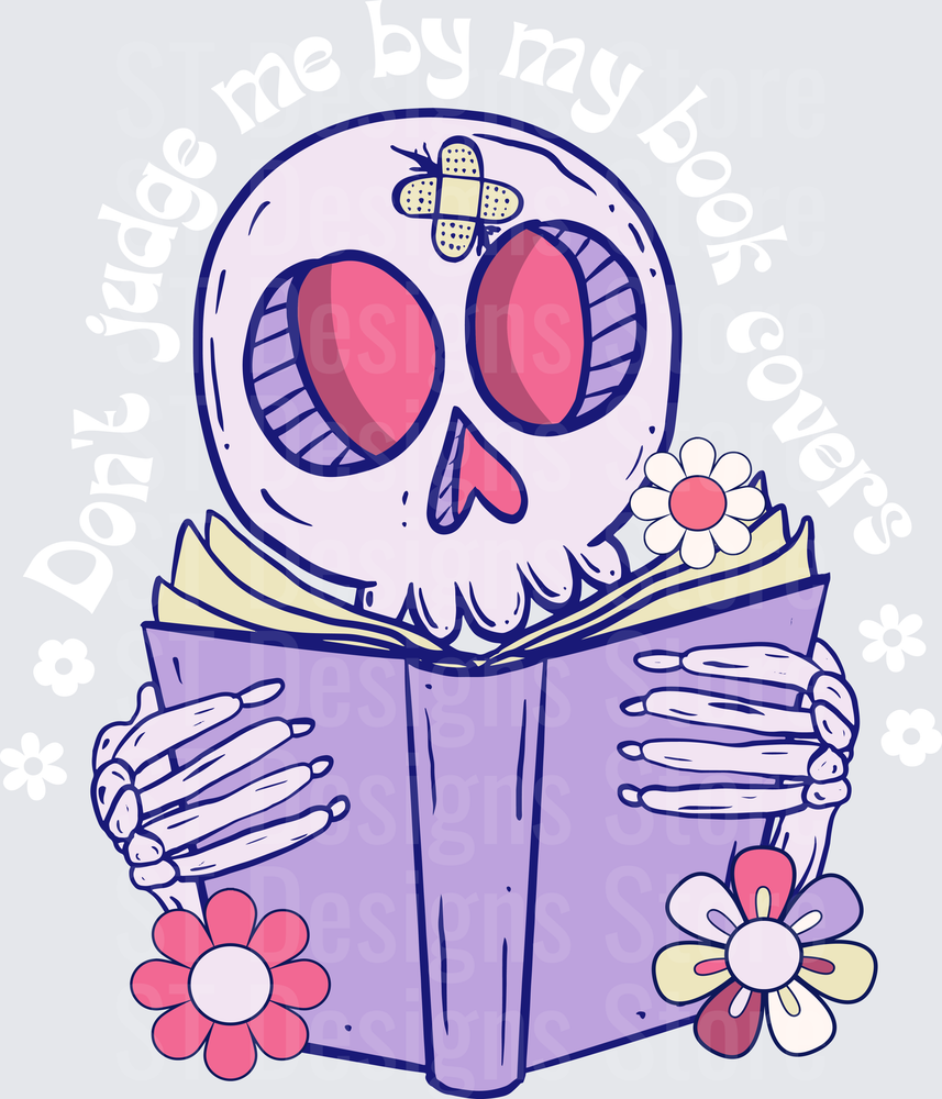 Cute Skeleton Reading Book With Flowers Retro Groovy Skull Bookworm Design DTF Transfer