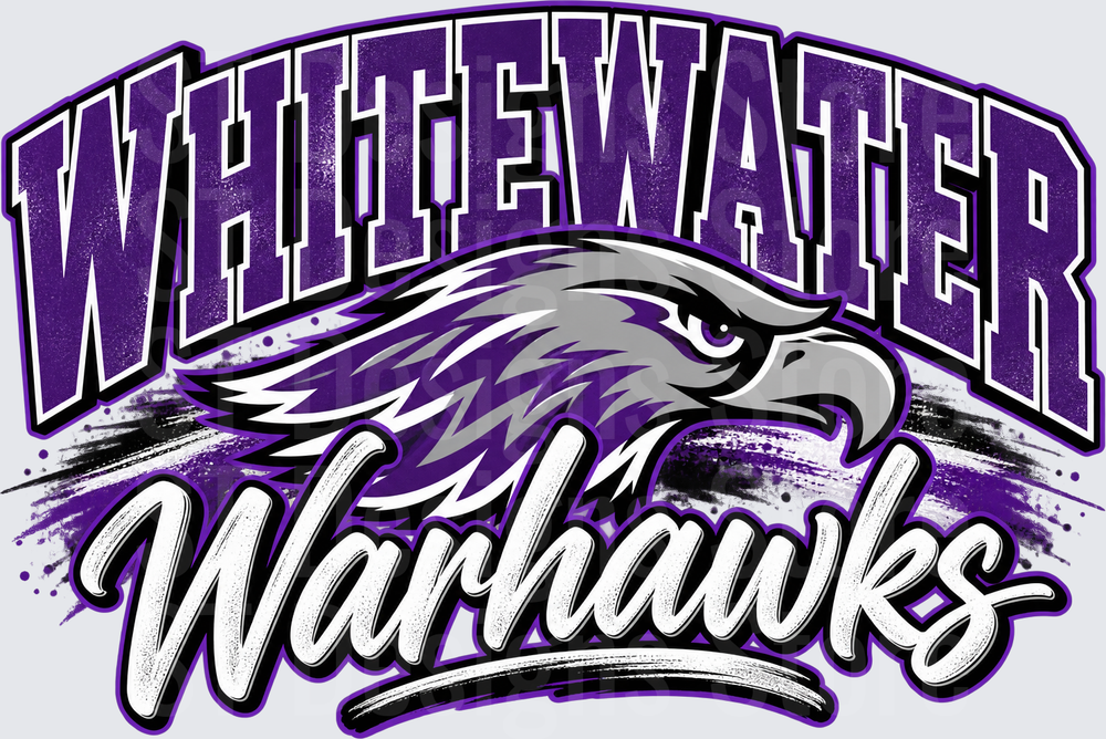 Whitewater Warhawks Purple Hawk Mascot Arched Bold Lettering Script Logo DTF Transfer