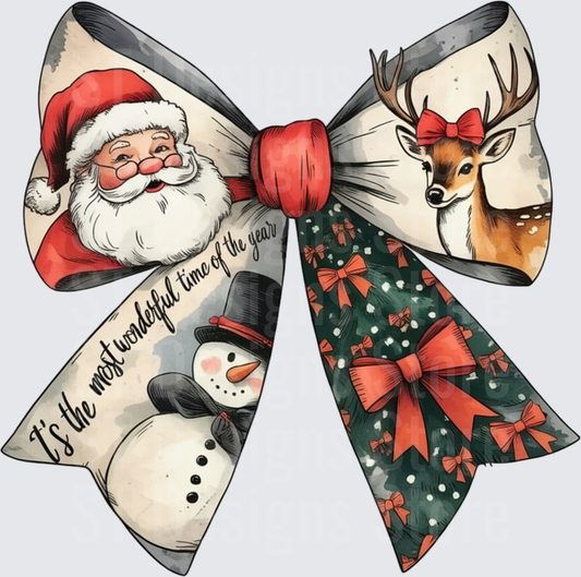 Vintage Christmas Holiday Bow Santa Claus Snowman Reindeer Christmas Tree Most Wonderful Time of the Year DTF Transfer