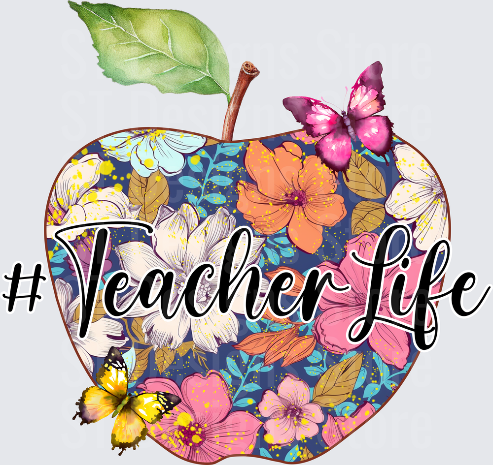 Floral Apple with Butterflies #TeacherLife Script Navy Blue Wildflower Pattern DTF Transfer