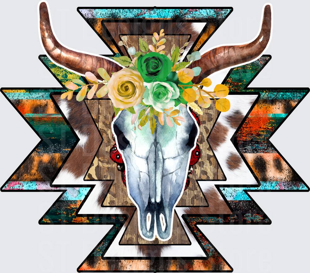 Boho Floral Bull Skull Longhorn Aztec Serape Cowhide Western DTF Transfer
