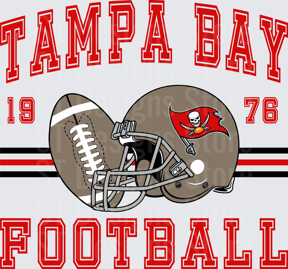 Tampa Bay Buccaneers Football Helmet and Ball Vintage 1976 Arched Collegiate Lettering Graphic DTF Transfer