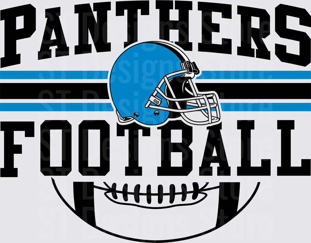 Panthers Football Blue Helmet Striped Arch Lettering Gridiron Ball DTF Transfer
