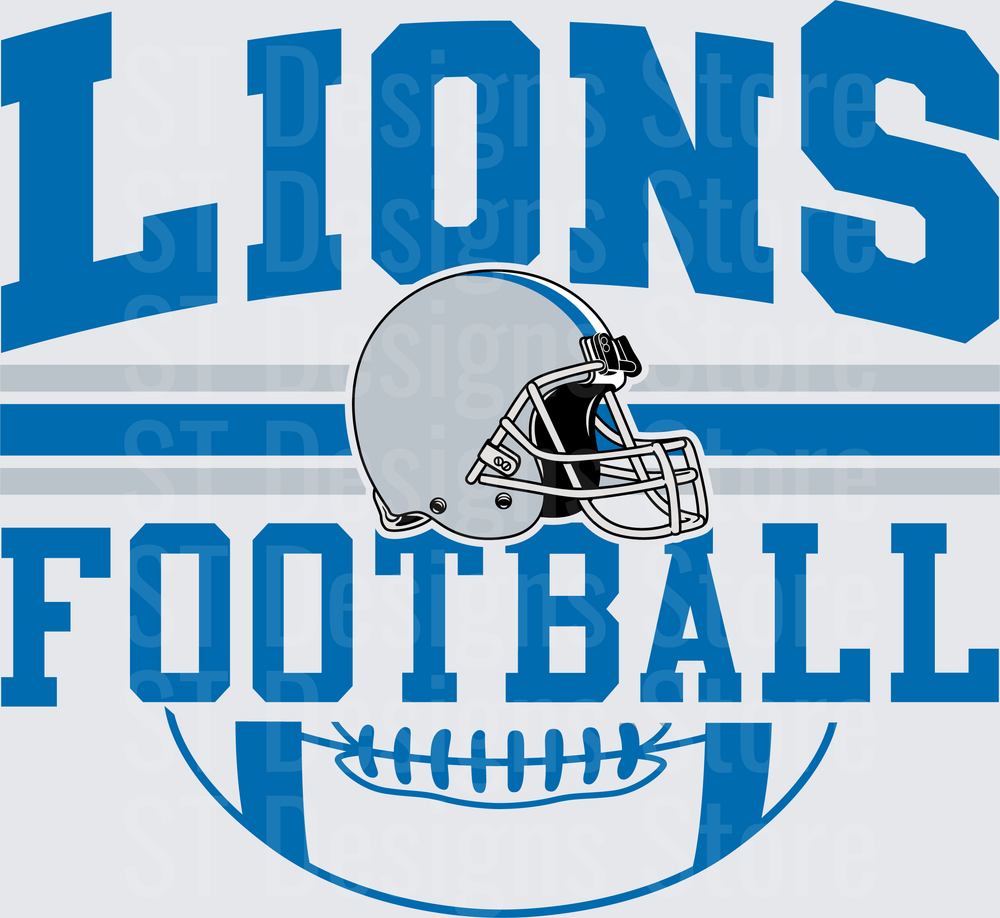 Lions Football Arched Text with Silver and Blue Helmet and Football Graphic DTF Transfer