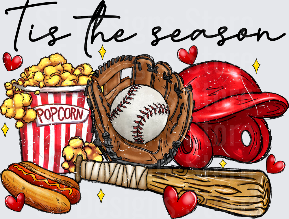 Tis The Season Baseball Glove Bat Helmet Popcorn Hot Dog Heart Sparkle Game Day DTF Transfer