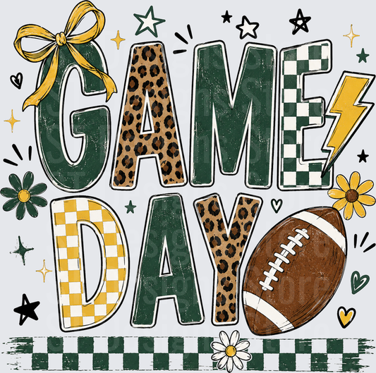 Game Day Football Green Gold Leopard Checkered Bow Design