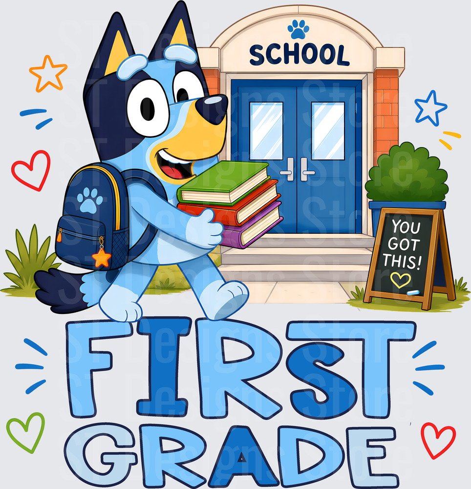 Blue Cartoon Puppy Back To School First Grade Backpack Books You Got This DTF Transfer