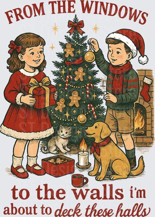 Retro Vintage Christmas Kids Decorating Tree With Dog And Cat From The Windows To The Walls Deck The Halls Holiday DTF Transfer