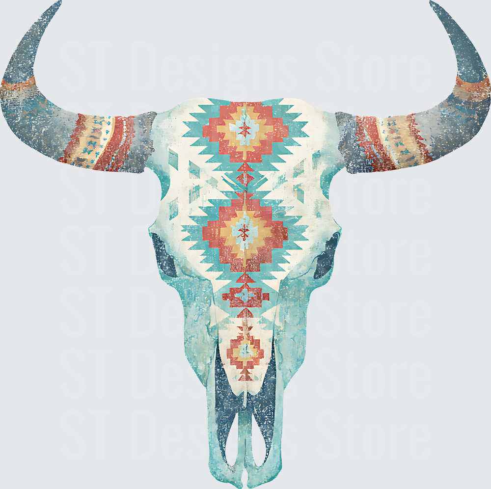 Rustic Aztec Longhorn Bull Skull Southwestern Tribal Pattern Turquoise and Coral Western Boho DTF Transfer