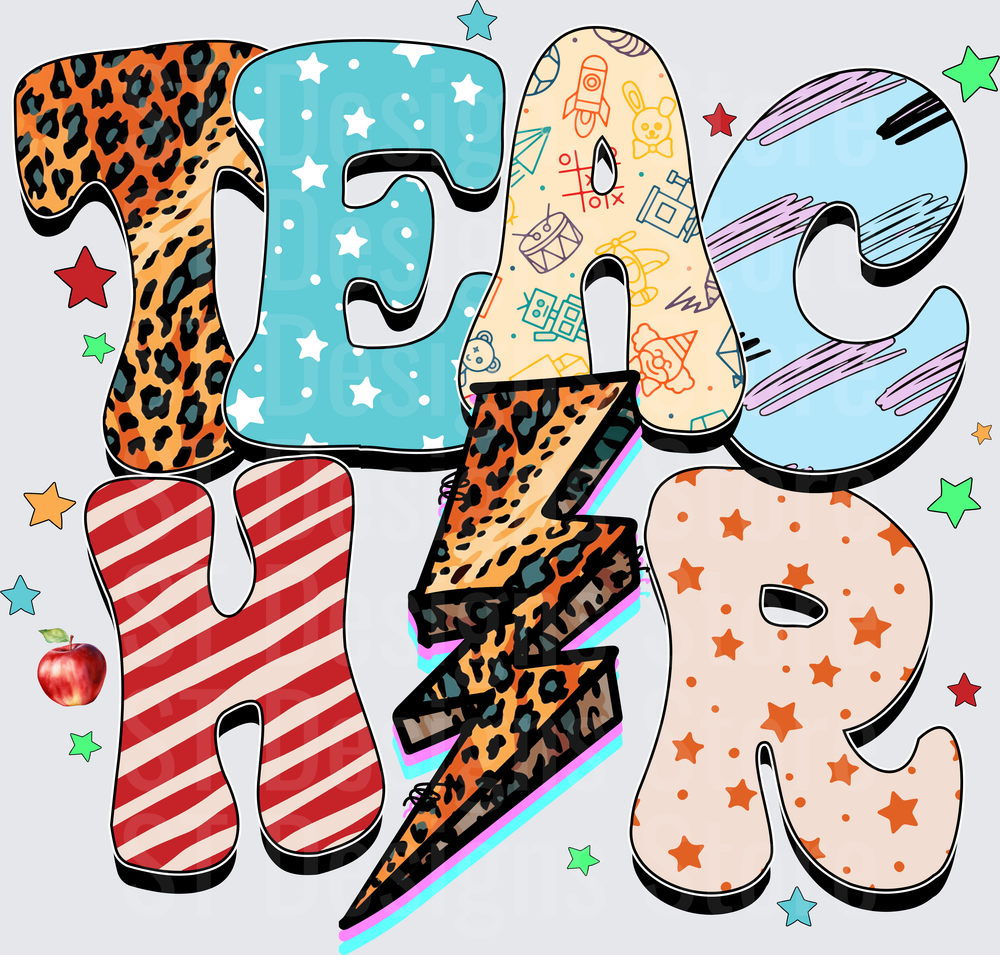 Teacher Leopard Print Lightning Bolt Mixed Pattern Bold Letters with Apple and Stars DTF Transfer
