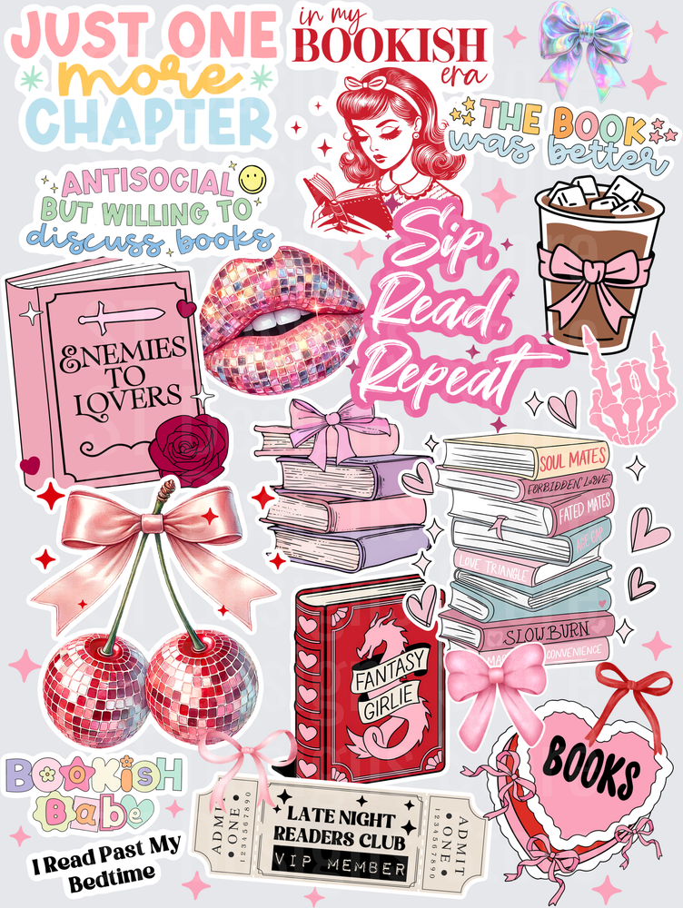Bookish Girl Reading Quotes Collage Sheet with Disco Cherries Books Coffee Bows and Romance Tropes DTF Transfer
