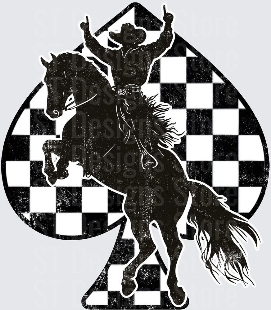 Rodeo Cowboy Riding Bucking Bronco Silhouette Checkered Ace of Spades Distressed DTF Transfer