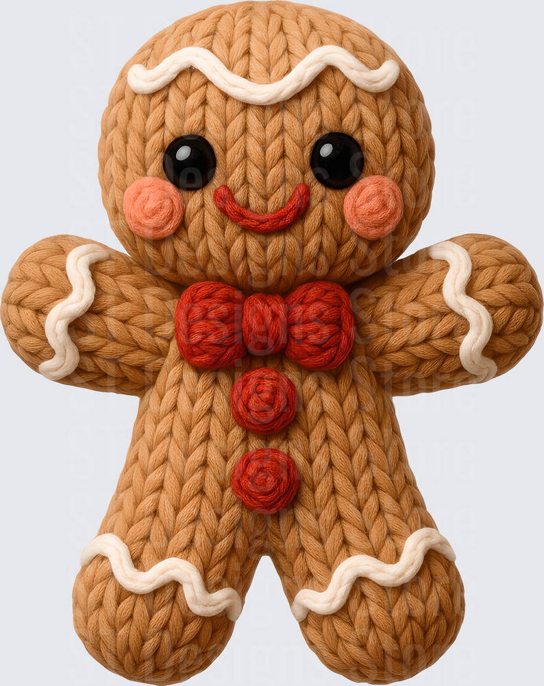 Cozy Knitted Gingerbread Man with Red Bow Tie and White Icing Trim Christmas Holiday DTF Transfer