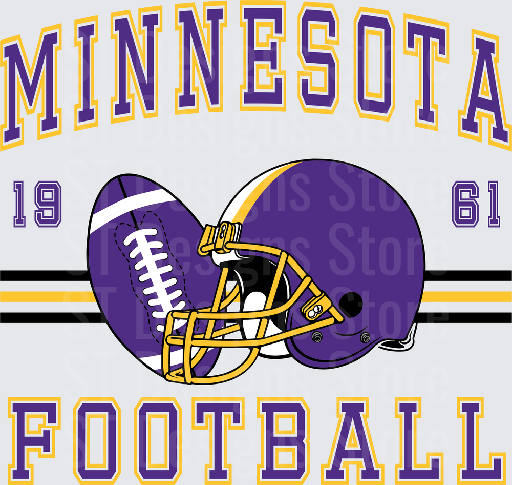 Minnesota Football 1961 Vintage Purple and Gold Helmet with Football Graphic Arched Collegiate Lettering DTF Transfer