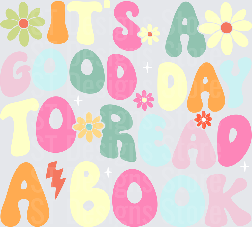 Retro Groovy It's A Good Day To Read A Book Colorful Bubble Letters Floral Lightning Bolt DTF Transfer