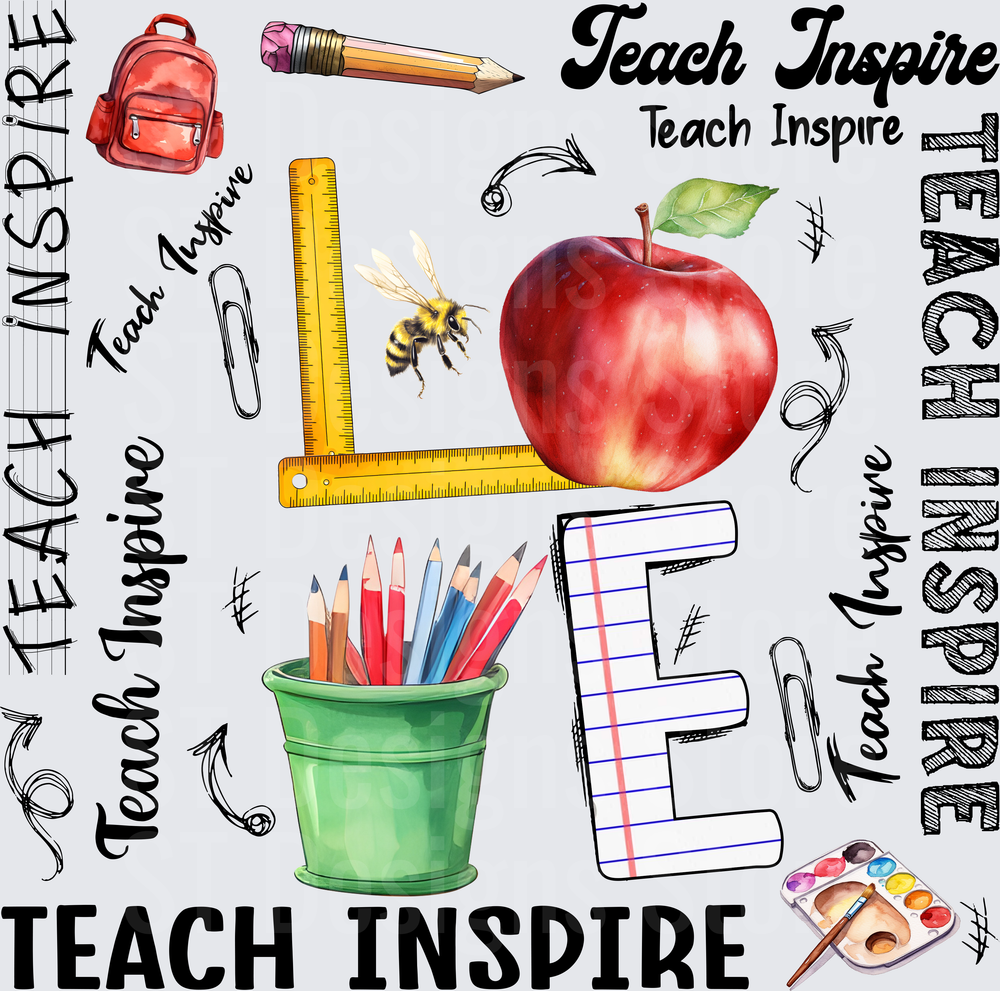 Teach Inspire Teacher Appreciation School Supplies Apple Bee Pencils Ruler Backpack Watercolor Classroom Design DTF Transfer