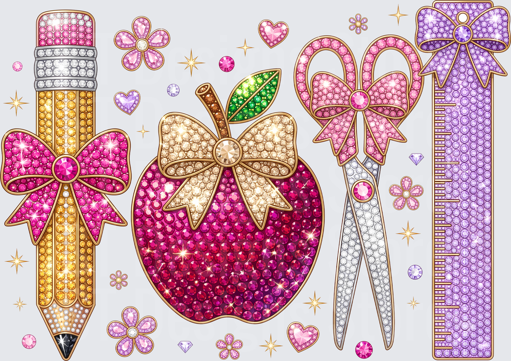 Blinged Out Back to School Rhinestone Pencil Apple Scissors Ruler with Bows and Gems Sparkle Set DTF Transfer