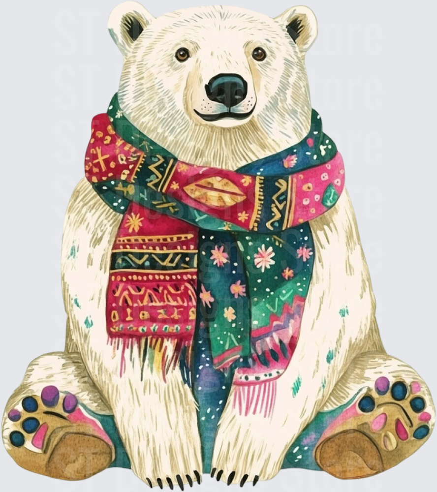 Watercolor Polar Bear Wearing Colorful Boho Patterned Winter Scarf DTF Transfer